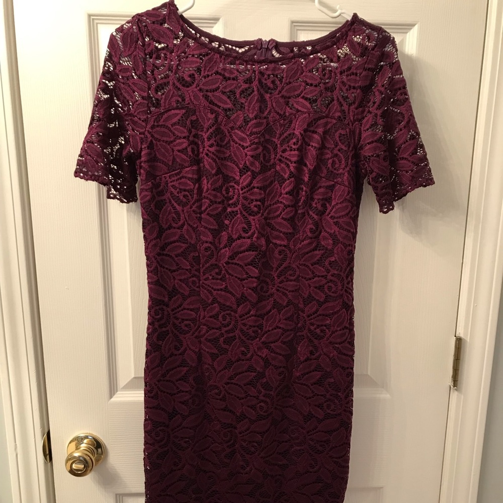 Maroon Vintage Style Lace Short Sleeve Dress, Size S